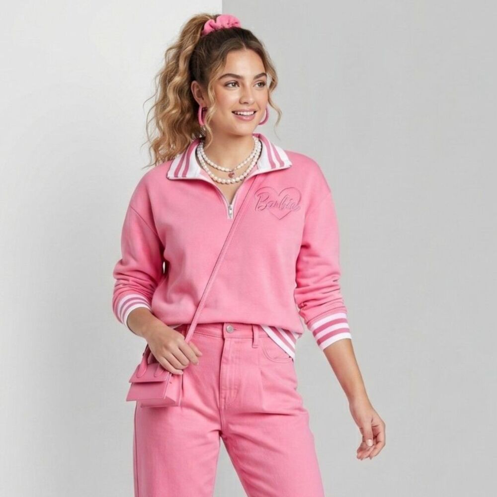 💖 Barbie Pink Quarter-Zip Pullover Varsity Stripe Sweatshirt Size Medium